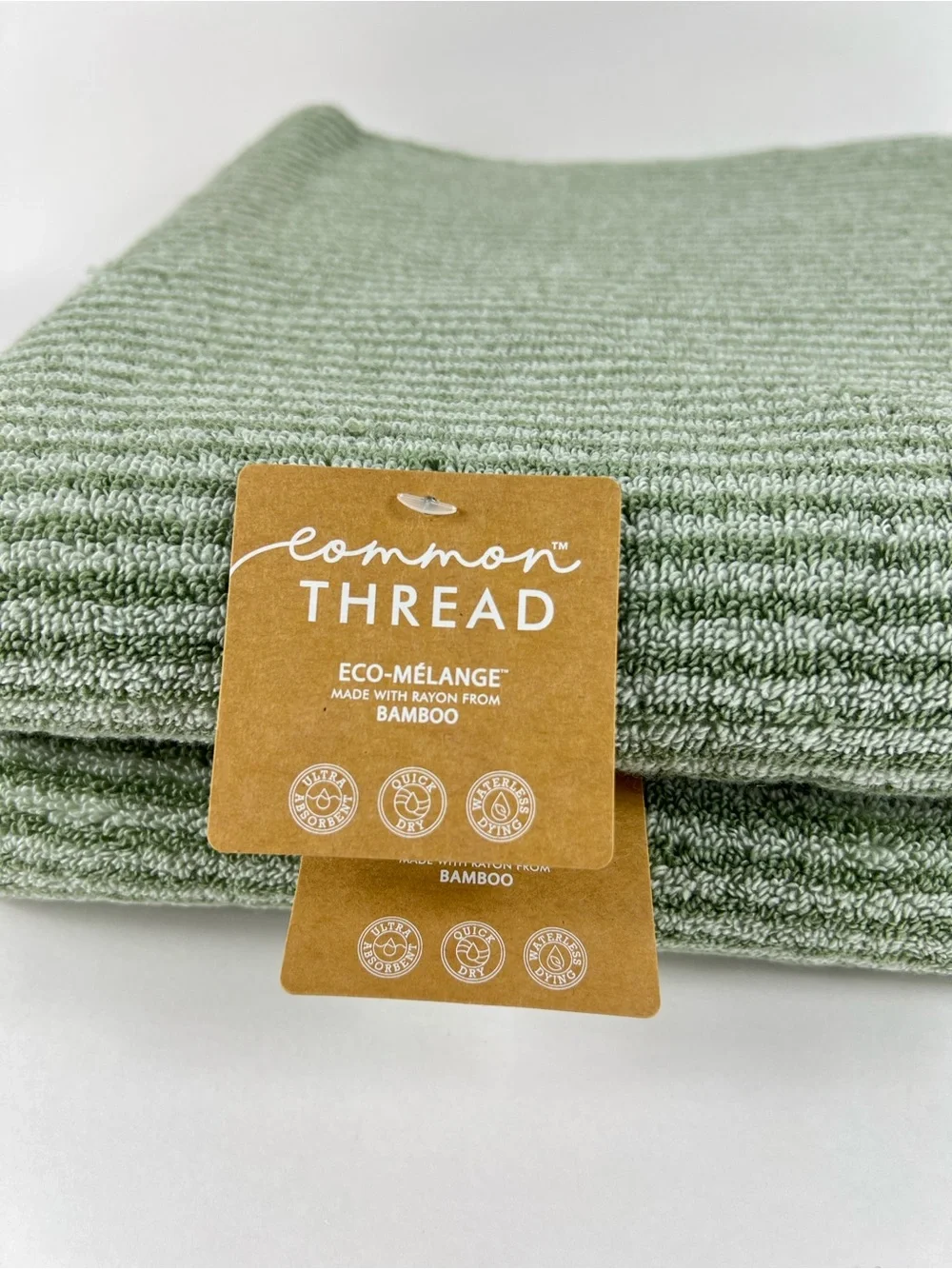 Common Thread 2 Pc Bamboo Bath Towels Green Striped Zero Twist Soft Cotton NEW